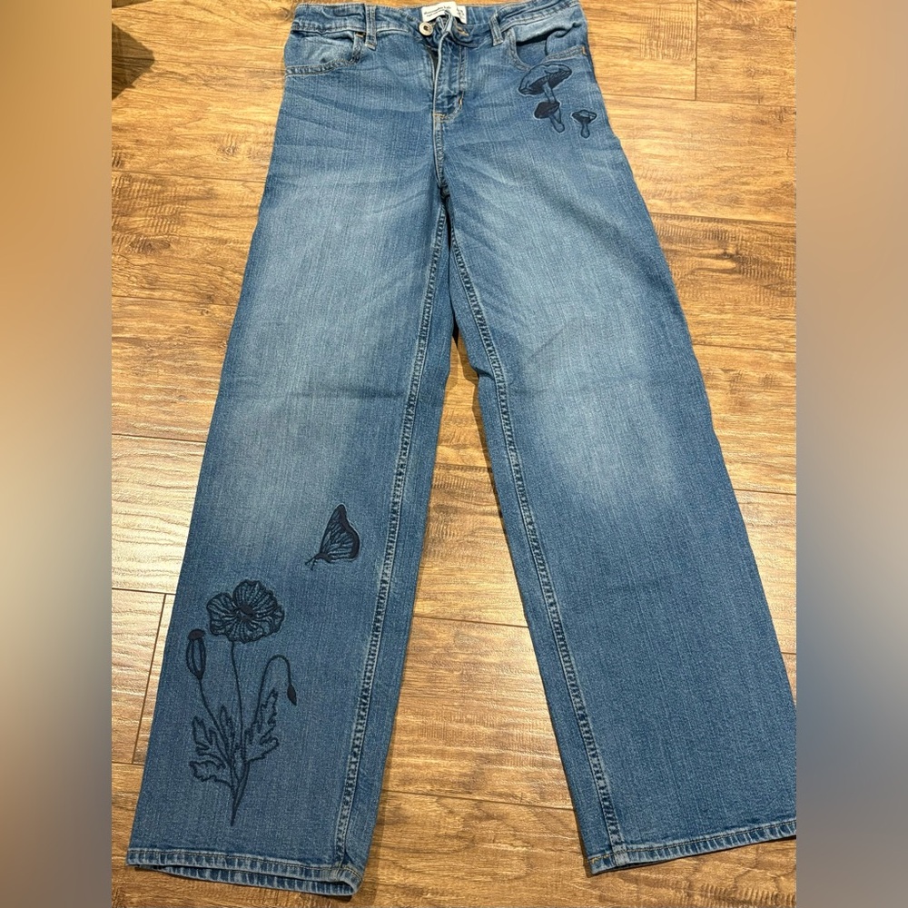 Abercrombie Kids Blue mushroom and floral Embroidered Jeans